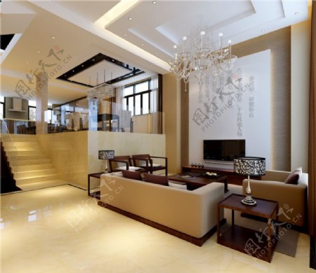 中式客厅3D模型室内装饰