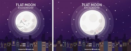 夜城市背景与月亮在平面设计