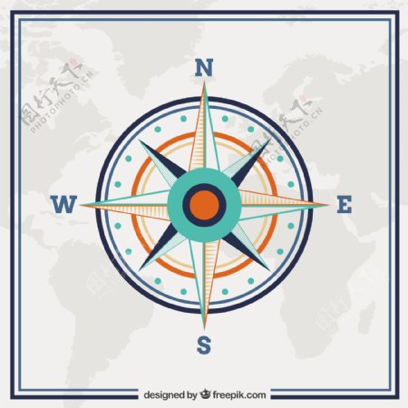 平面设计中指南针的世界地图背景