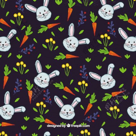 兔子和胡萝卜图案的水彩画