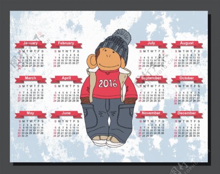 雪花卡通猴子2016年日历表图片