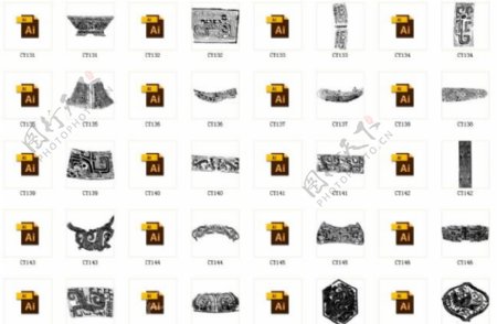 中国传统图案玉璧铜镜面画像石画像砖等器物拓片100张AI矢量文件