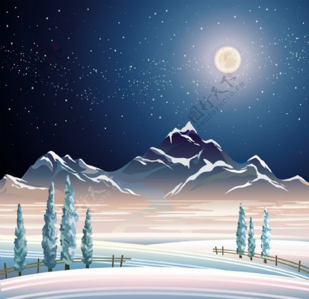 月光下的雪山风景插画