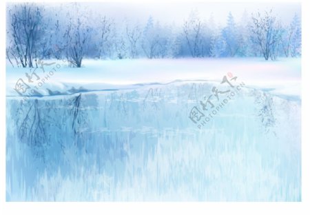 冬天湖边美丽的风景插画