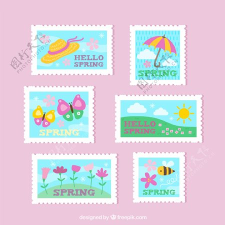 6款彩色春季邮票矢量
