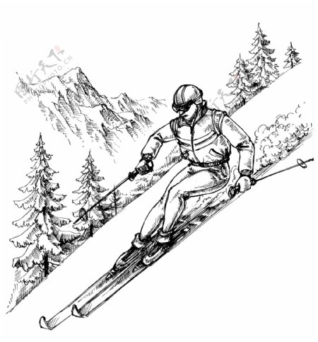 手绘素描滑雪的人物矢量素材下载