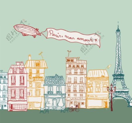 彩绘巴黎街道风景矢量