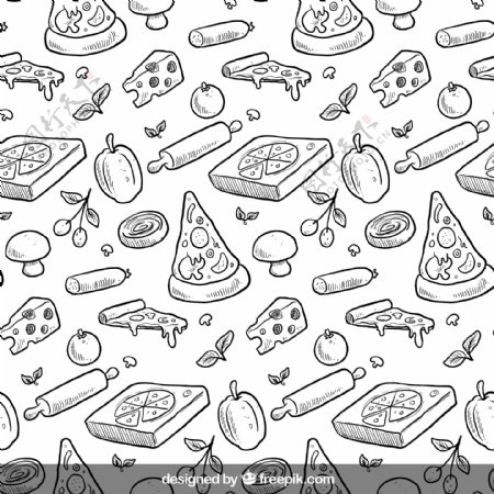手绘披萨无缝背景矢量素材图片