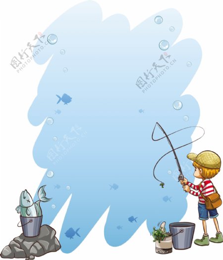 男孩钓鱼蓝色边框背景矢量素材