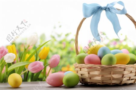 篮子里的彩蛋与鲜花背景