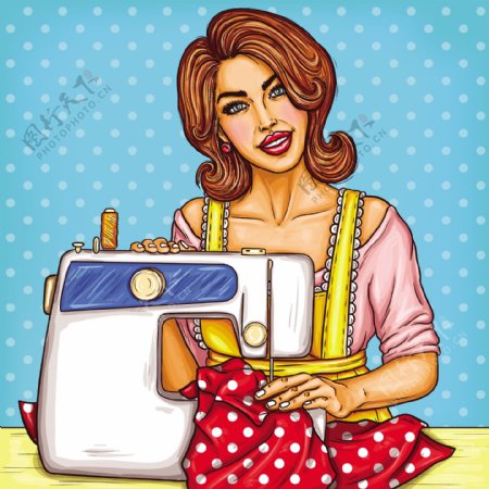 一个年轻的女裁缝缝纫机缝纫矢量波普艺术插画