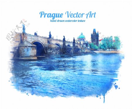 蓝色河水水彩绘画矢量素材