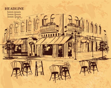 手绘复古街头咖啡厅插画