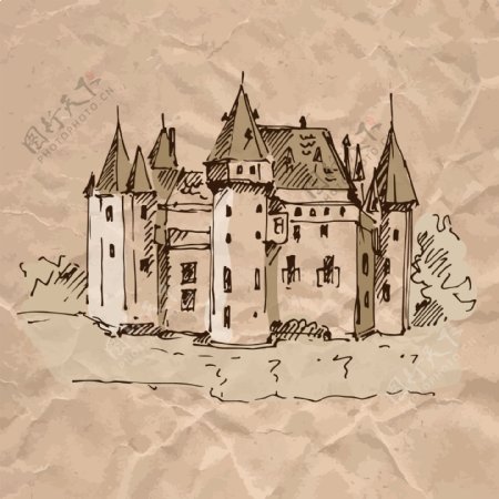 复古手绘建筑城堡插画