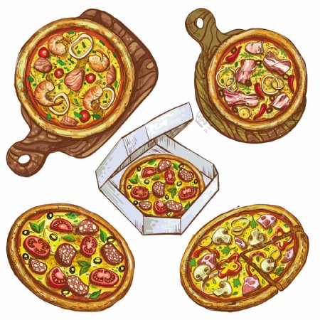 集矢量插图整个比萨和切片在木板上的比萨饼比萨饼交付在一个盒子里