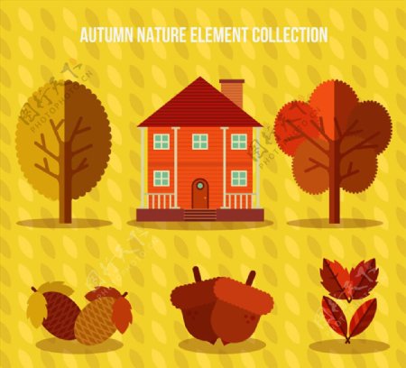 6款秋季植物和房屋设计矢量素材