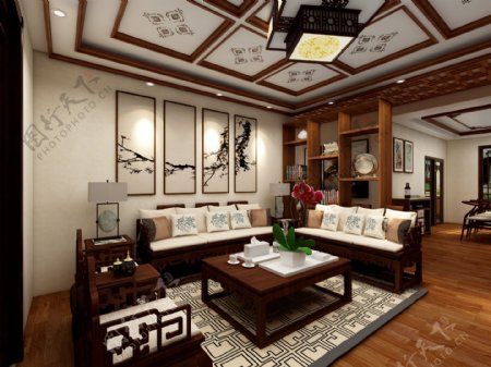 中式复古室内客厅效果图设计