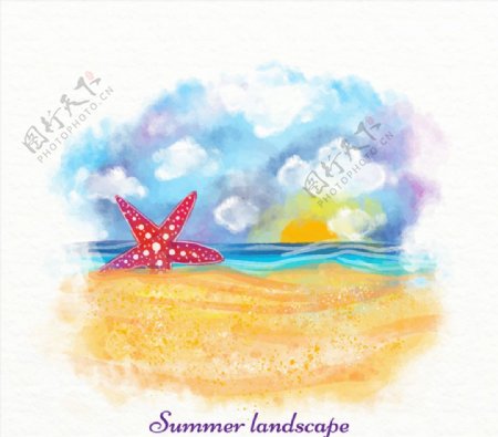 彩绘夏季沙滩风景矢量图