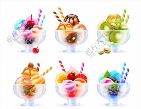 六只玻璃杯里的美味水果冰淇淋