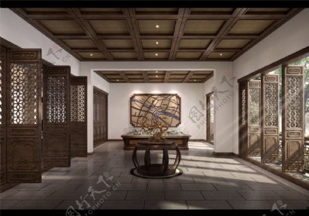 中式古香古色售楼处会议室工装效果图