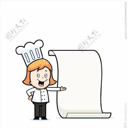 站在菜单旁边的可爱短发卡通厨师