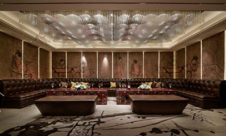 酒店中国风壁画环绕真皮沙发VIP休息室
