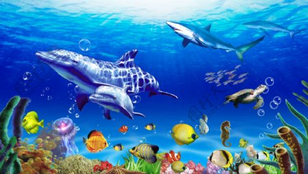 海底世界海豚戏水3D立体背景墙画