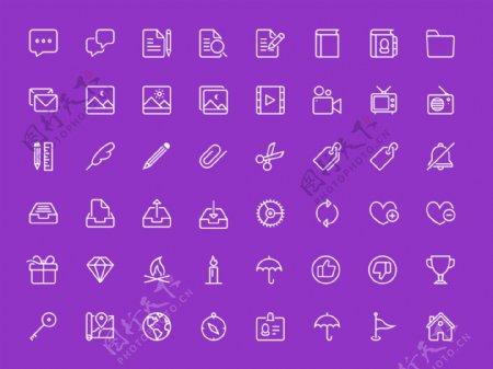 45个紫色背景白色线性icon图标设计