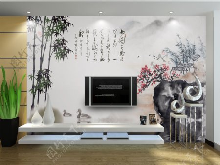 中式风格山水画背景墙模板