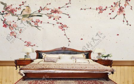 中式花鸟床头背景墙