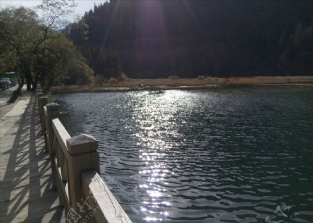 阳光下波光粼粼的湖面