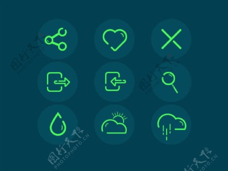 九个绿色线型icon图标sketch素材