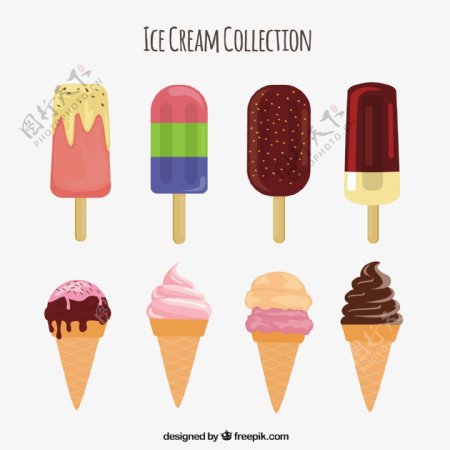 八种美味冰淇淋的扁平包装
