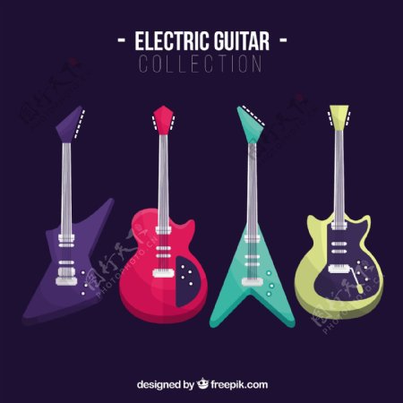 彩色电吉他的平面收集