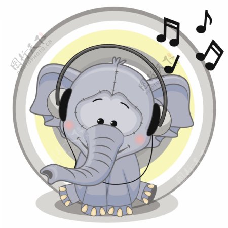 可爱听音乐的大象卡通矢量素材
