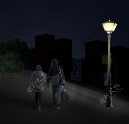 夜晚携手散步的情侣