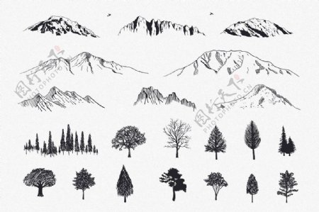 大自然山树木素描