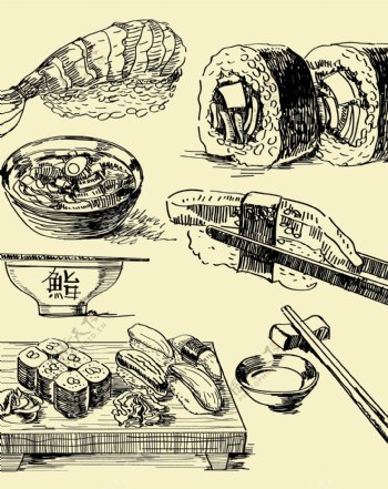 黑白手绘日本寿司插画