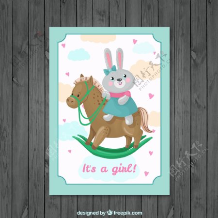 可爱骑木马的兔子迎婴贺卡矢量