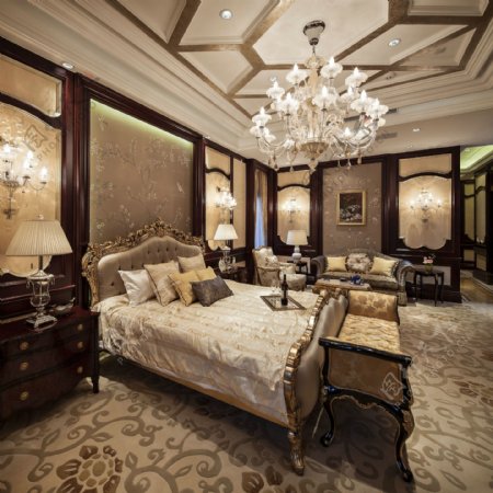 室内卧室欧式复古花纹壁纸豪华装修效果图