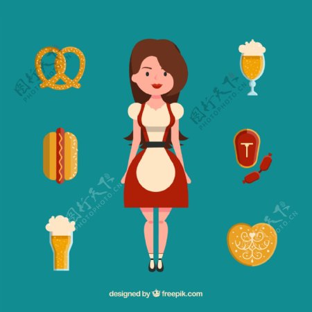 美丽啤酒节女郎和6款食物矢量图