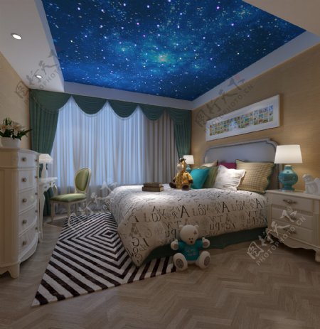 美式清新卧室条纹地毯室内装修效果图