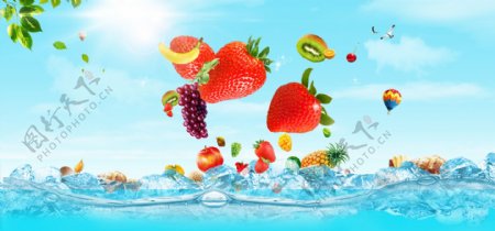 红色草莓水果banner背景素材
