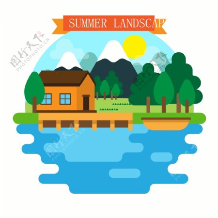 夏季度假湖边木屋风景矢量素材