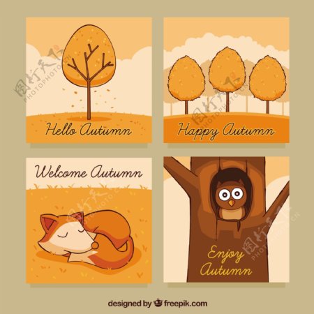可爱的秋季动物和动物卡片