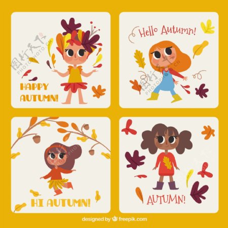 与快乐的孩子秋季的卡片收集