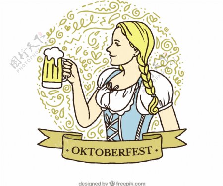 女孩的背景与传统啤酒节的衣服和啤酒