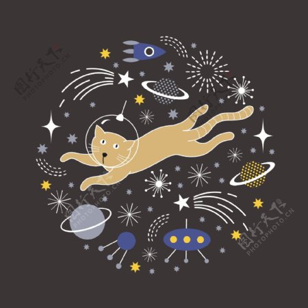 卡通猫宇航员宇宙外太空矢量图