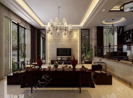 现代时尚高级客厅深色沙发室内装修效果图