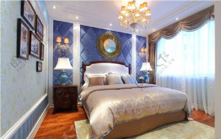 现代时尚卧室深蓝色壁画室内装修效果图